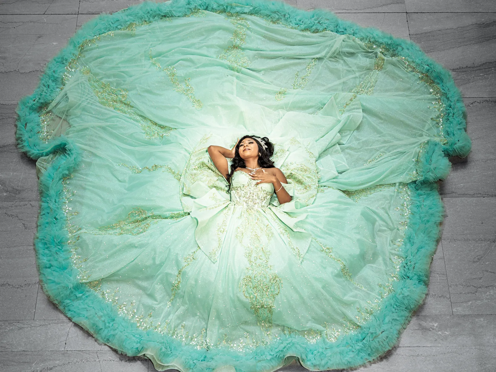 Overhead shot of a quinceañera gown