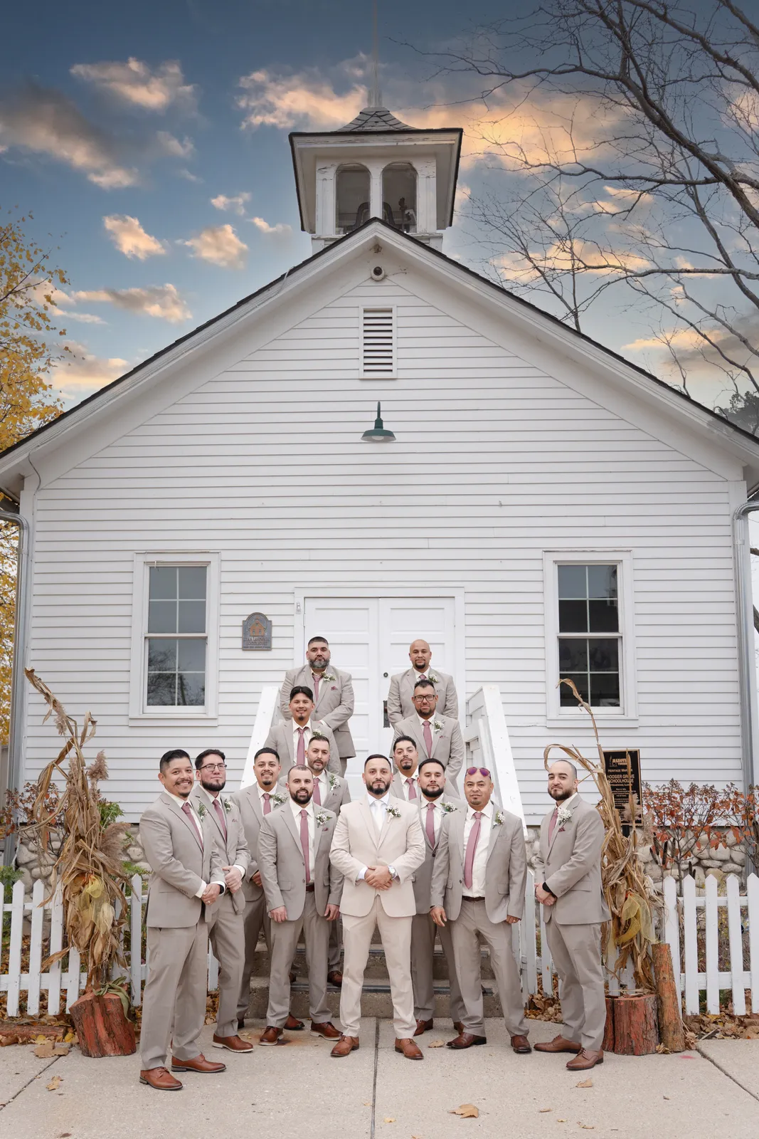 Wedding party at a white chapel